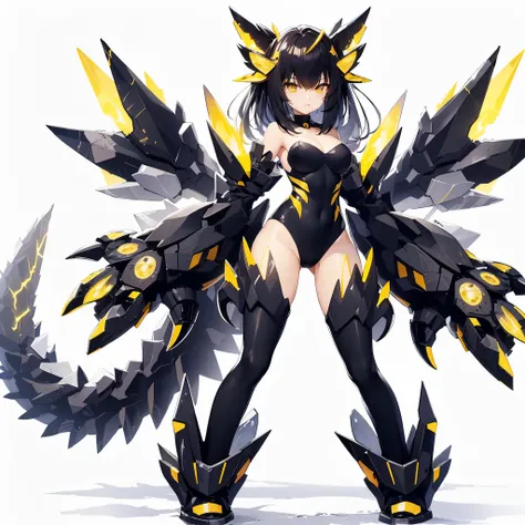 (masutepiece, of the highest quality), (Perfect athlete body: 1. 2), (Fine hair), Ultra Detail, Anime style, Full body, Solo, Cute girl wearing a monster costume, black and yellow hair, black and yellow high leg leotard, prism radiation horn, big arms with...