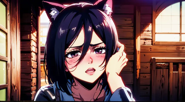 Mikasa Ackerman, 1girl, wearing pink cat ears, blushing, cute face, Mappa Attack on titan cour, anime style, Perfect quality, 8K