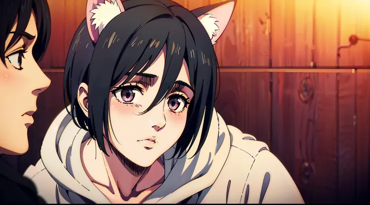 Mikasa Ackerman, 1girl, wearing pink cat ears, blushing, cute face, Mappa Attack on titan cour, anime style, Perfect quality, 8K