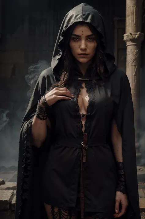 ancient imperial priestess, the body wet dirty, the body scrtched covered with ancient signs, the body red painted, ancient empire stone temple fire, night darkness shadow, shaved hairy, the hood lace, hairs very very long, fog smoke, the cloak long lace, ...