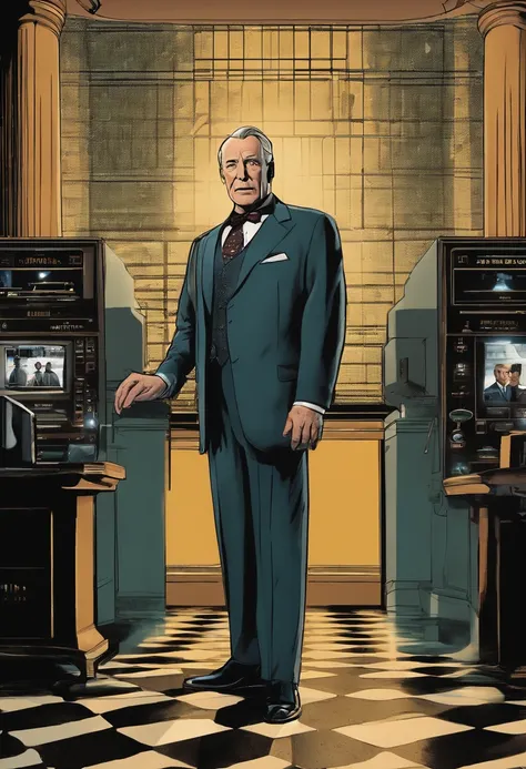 An image of Alfred standing in front of the Batcomputer, analyzing data and surveillance footage.,Batman,Alfred is 60 years old man, very fit, trimmed hair, wearing suit and bow tie and dress shoes. He’s always shaved with salt pepper hair