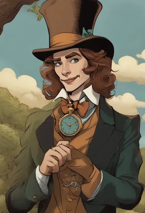 A photo of Jervis dressed in a whimsical Mad Hatter costume, holding a pocket watch and leering at the camera.,Batman: The Animated Series,Jervis is tall, wears a tweed suit and top hat, shoulder length curly brown hair and neat goatee. Famously portrayed ...