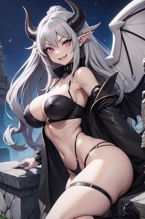 Anime Gargoyle woman. Gray stone skin, Long dark gray hair, pink eyes, long stone gray color claws, Giant stone gray color wings, long stone gray color tail, sharp teeth, lust smile, big gray horns on forehead, Castle background.