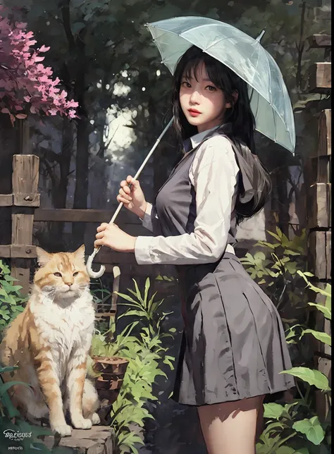 there are two pictures of a woman with an umbrella and a cat, artwork in the style of guweiz, guweiz, beautiful character painting, guweiz on artstation pixiv, guweiz on pixiv artstation, stunning anime face portrait, beautiful digital artwork, wlop rossdr...