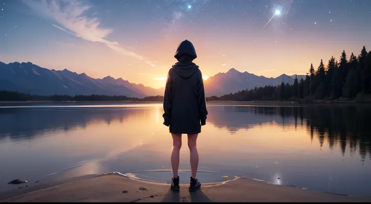 high-detail,(Full body:1.5),girl with,Blue eyes,Facial expressions are invisible,dawn,Morning light,short-cut,Stand in the middle of a salt lake，The surface of the water is like a mirror，Reflecting the sky。Look at the sky，The Milky Way is in the sky,long v...