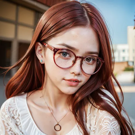 beautiful and sexy girl, very dark red hair,  face freckles, round glasses with perfect circles. --auto --s2