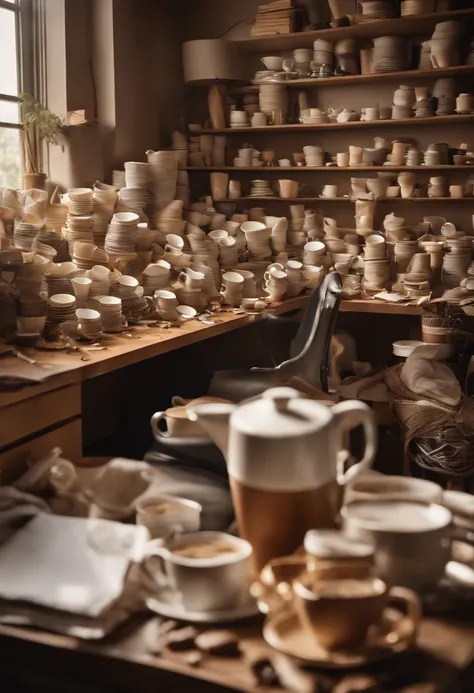 A photo of a messy desk covered in empty coffee cups, scattered papers, and half-finished knitting projects,original,Man