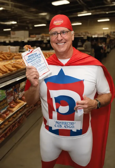 A photo of the CEO of Costco dressed in a superhero costume, holding a sign that says Protecting the $1.50 Costco Hotdog Price!,original,Costco CEO is Craig Jelinek