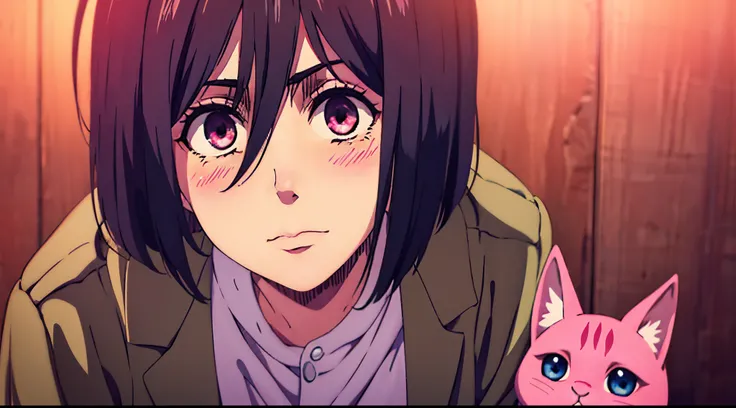 Mikasa Ackerman, 1girl, wearing pink cat ears, blushing, cute face, Mappa Attack on titan cour, anime style, Perfect quality, 8K