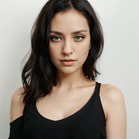 front view, looking at camera, RAW photo,((black shirt:1.2)), ((portrait)),beautiful black hair 30 years old woman, green eyes, perfecteyes eyes, ((white background:1.2)), studio lighting, high quality, film grain, Fujifilm XT3, centralized