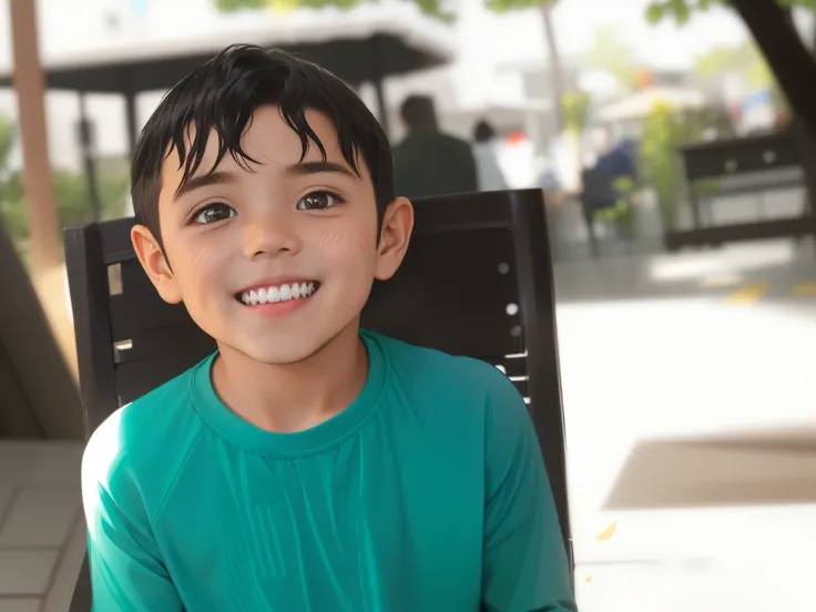 there is a young boy sitting at a table with a plate of food, cabrito, menino tem cabelo preto curto, happily smiling at the camera, foto modo retrato, menino com rosto neutro, Riyahd Cassiem, 4 anos de idade, 5 anos, garoto feliz, meu filho! the jaws that...