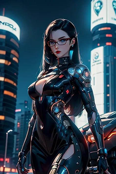 Beautiful Cyborg woman in a futuristic city, Cyberpunk style, Sexy Suit, Near a Futuristic MotoCycle, brunette, Long Curved Hair, red lips, Blue eyes, wears glasses, Big boobs, Thin waist, eYeliner, big eyelashes, seductive pose,