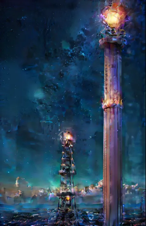 cell towers, with a beacon light at the top rising in the enchanted city sky, each luminous panel resembling a star, unveiling sparkling ideas that dance in the ether, while magical creatures whisper inspirations to curious travelers below, photorealistic ...