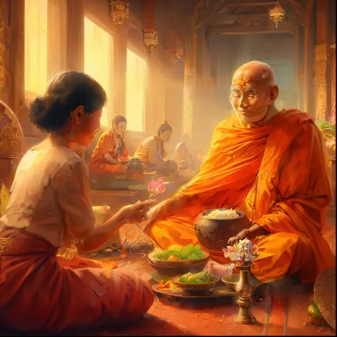 buddhist monk giving food to a young girl in a temple, tithi luadthong, by john la gatta, buddhist, thailand art, buddhist monk,...