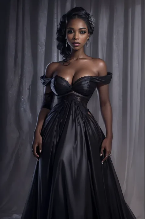 (best quality,4k,8k,highres,masterpiece:1.2),ultra-detailed,(realistic,photorealistic,photo-realistic:1.37),gorgeous black woman, seductive gaze, full lips, elegant posture, gothic background, sensual beauty, glamorous fashion, elegant gown, dark colors, m...