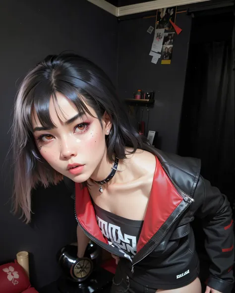 hay una mujer con una camisa negra y roja posando para una foto, cruel korean goth girl, ulzzang, Ella tiene el pelo negro con flequillo, con el pelo corto, goth girl aesthetic, iu lee ji-eun as a super villain, Estilo de Junji Ito, 1 7 - year - old anime ...