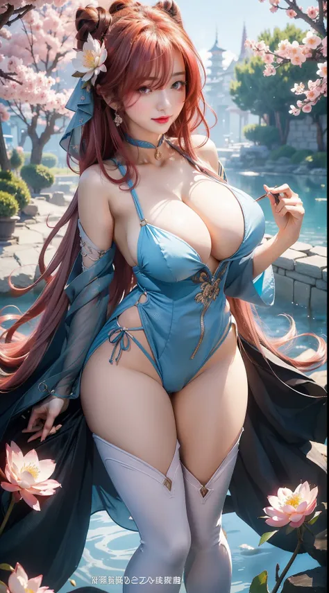 1female，45 yers old，Married woman，熟妇，plum，very big boobs， 独奏，（Background with：ponds，cherry blossom forest，lotus flower）standing underwater， She has long pink hair，seen from the front，， The sky is mostly cloudy，（（（tmasterpiece），（Very detailed CG unified 8k ...