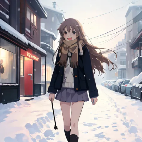 Anime girl with white long hair, jk short skirt, brown scarf, walking on the street on a snowy day