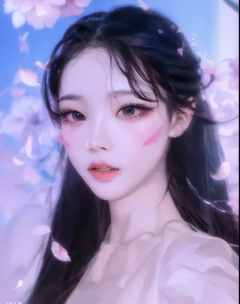 un primer plano de una mujer con cabello largo y una flor rosa en la cara, maquillaje popular de corea del sur, inspirado por ya...