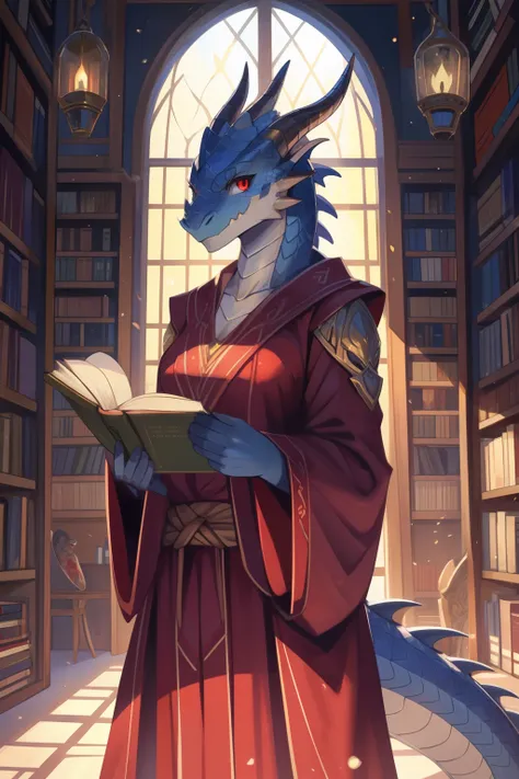 masterpiece,1girl, solo, female, anthropomorphic, dragon, Dragonborn, blue Dragonborn, blue scales, wizard robes, red eyes, red robes, library,