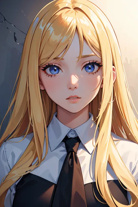 masterpiece, best quality, 1girl, blonde hair, blue eyes, black skin, white shirt, mugshot, wall background, detailed eyes, deta...