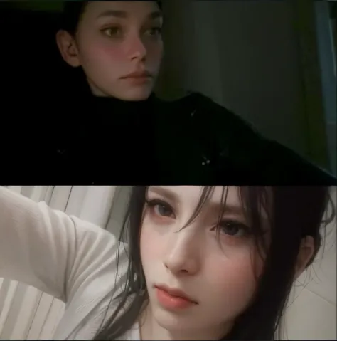 there are two pictures of a woman with a black jacket, anime girl in real life, 1 7 - year - old goth girl, realistic cosplay, 1 7 - year - old boy thin face, very very very pale white skin, very very very pale skin, anime realism, extremely pale white ski...