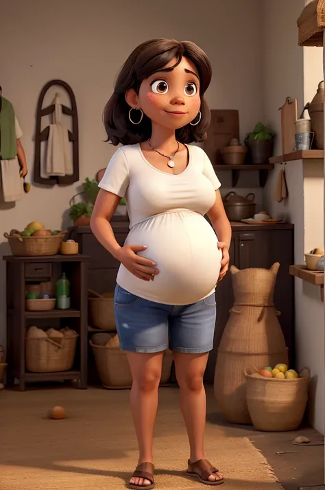 Pregnant woman with white skin color with bangs and dark brown straight hair, rural, interior, Latina Brasileira, cor da pele clara, cor da pele branca, woman with pregnant belly, mulher com roupa estilo rockeira, rural, cidade interior, vida simples, home...