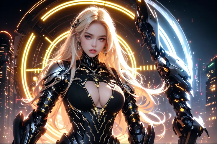 (masterpiece), best quality, expressive eyes, perfect face, beautiful details face, beautiful round eyes, full body, A beautiful mature woman in cyber armour suit shows her Extremely busty and attractive breasts, (arrogant face), (platinum red hair), (curt...