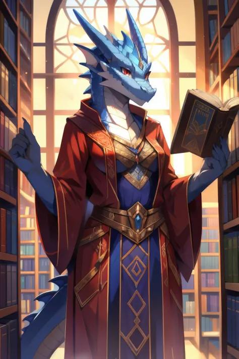 masterpiece,1girl, solo, female, anthropomorphic, dragon, Dragonborn, blue Dragonborn, blue scales, wizard robes, red eyes, red robes, sexy clothes, library,