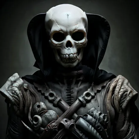 Sinister grim reaper lurks in a chilling gothic kingdom, emanando uma aura de horror e melancolia, adorned in a menacing skull, WMASK, e armadura.