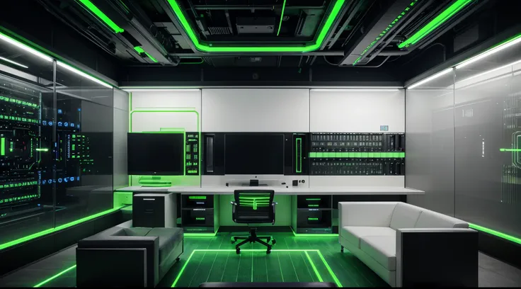 State-of-the-art data center, 1 towering server rack adorned with pulsating green LED lights, simple minimalist motherboards and circuit chips form a futuristic environment. The robust computer in the center with 6 large screen monitors, connected to the m...