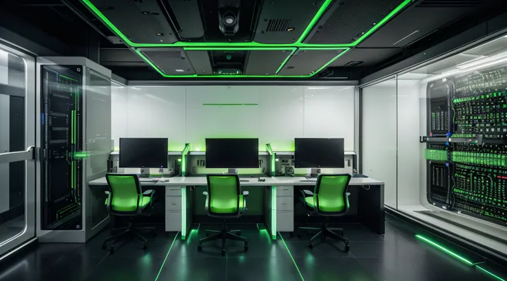 State-of-the-art data center, 1 towering server rack adorned with pulsating green LED lights, simple minimalist motherboards and circuit chips form a futuristic environment. The robust computer in the center with 6 large screen monitors, connected to the m...