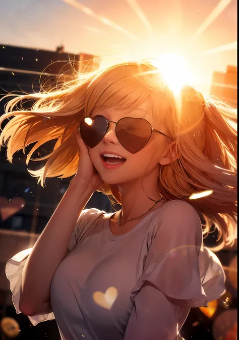 an girl, upper body, (sunglasses:1.1), (huge Laughing:1.1), (open mouth:1.1), closed eyes, sun glare, bokeh, depth of field, blurry background, light particles, strong wind, (heart particles:1.2)