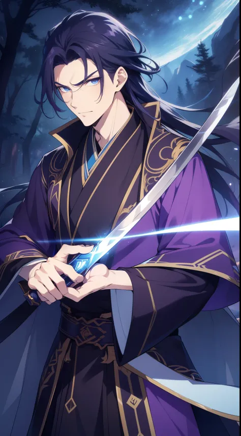 quadratic element，style of anime，One guy（male warrior），The proportions are correct，Face details，swordsman，Long black hair，Pick dye white，Neck details，There is an Adam&#39;apples，Purple suit，joke，purple robes，clothes details，surrender，longer sleeves，Game qu...