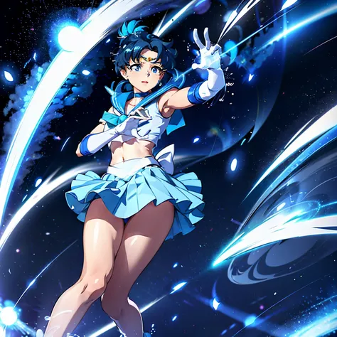 Sailor mercury standing in dynamic pose on a street, midday, , mer1, tiara, knee boots, blue choker, ((blue skirt)), blue sailor collar, cute girl, blue hair, elbow gloves, sailor senshi uniform, (determined face) , (perfect hands) , perfect nose, (cute fa...