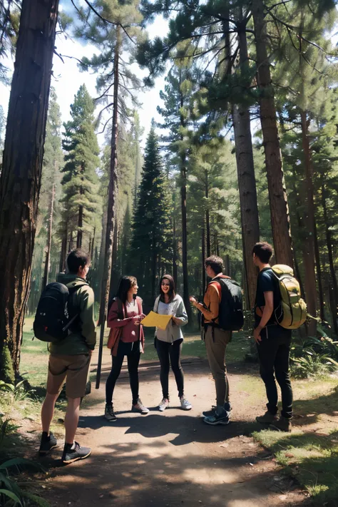 Create an image of a group of backpackers, standing in a circle, talking, among the trees of a forest. They are planning the trip, with map in hand