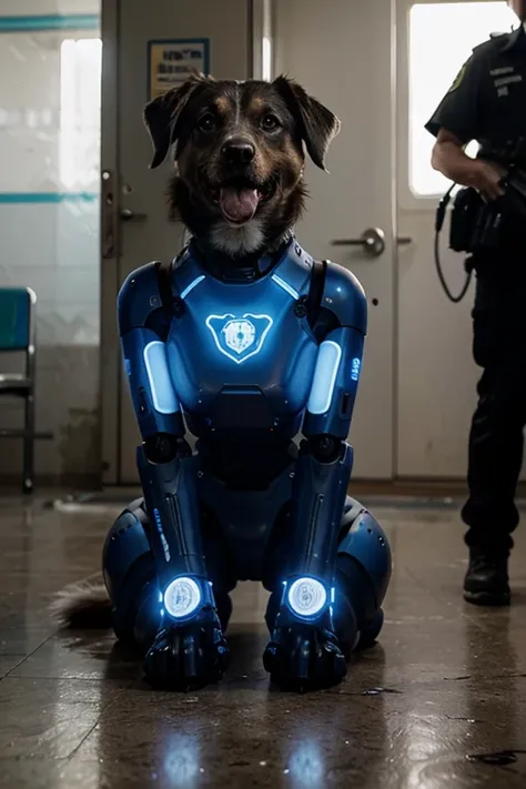 robot dog. blue neon. futuristic. The dog is guarding poor human prisoners in a palestinian hospital. the robot dog has Israeli decals on his side plates. The robot has 2 laser guns build on his back. His entire body is drenched in blood from its victims. ...