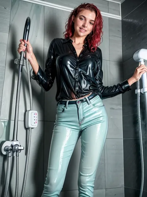 woman taking a shower in mint green blouse and black skinny jeans and white high heel pumps, wet hair, short curly red hair, blue eyes, soaking wet SoakingWetClothes, standing under shower head, show heels, inviting smile, (((NSFW))), ((breasts showing thr...