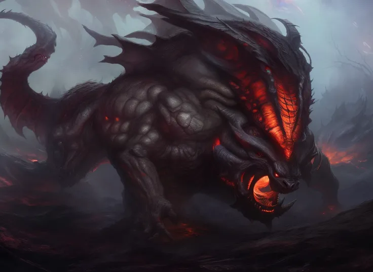 a close up of a demonic creature with a red light on its face, one a demon-like creature, one a demon - like creature, cacodemon, dragon vore art, zgok. 8 k hd resolution, balrog concept art, monster concept art, hyper realistic fantasy monster, fat ripped...