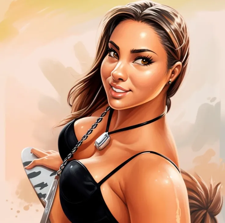 there is a woman in a black bikini posing with a skateboard, airbrush digital oil painting, digital airbrush painting, pintura digital dos desenhos animados, pintura digtial, pintura realista da mulher espanhola, in a oil painting style, Lorena Avarez, Olg...