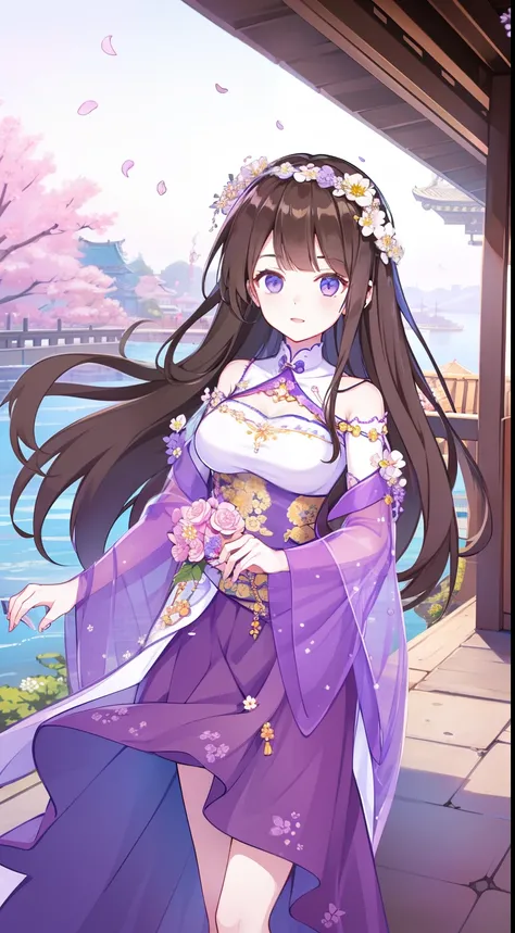 young girls, Long brown hair,Floral headdress，hair adornments，jewely，eBlue eyes, Purple skirt, Sleeveless, jumpping, Summer palace，Asian architecture，petals，tmasterpiece, high high quality