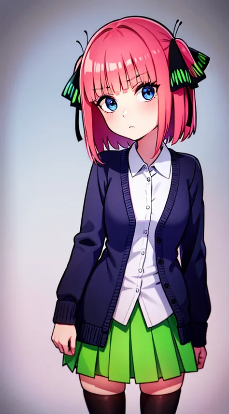 ninonakano, nino nakano, short hair, bangs, blue eyes, hair ornament, hair ribbon, pink hair, blunt bangs, two side up, butterfly hair ornament, BREAK skirt, shirt, long sleeves, white shirt, pleated skirt, open clothes, collared shirt, sleeves past wrists...