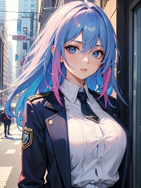 masterpiece, best quality, 1girl, blue hair with pink highlights, blue eyes, oversize jacket, city background, detailed eyes, detailed facial features, realistic and high resolution (best quality, 4k, 8k, highres, masterpiece:1.2)