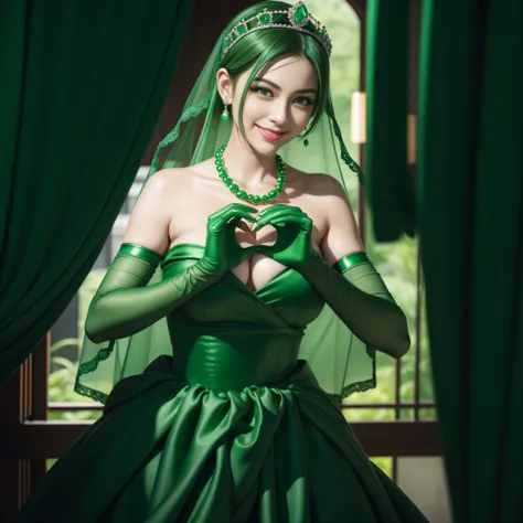 emerald tiara, Green Pearl Necklace, Boyish very short green hair, lipsticks, Japan woman smiling, very short short hair,  big breasts beautiful, Green eyes, Long green gloves made of satin material, Green eyes, Emerald Earrings, green vale, Heart with bot...