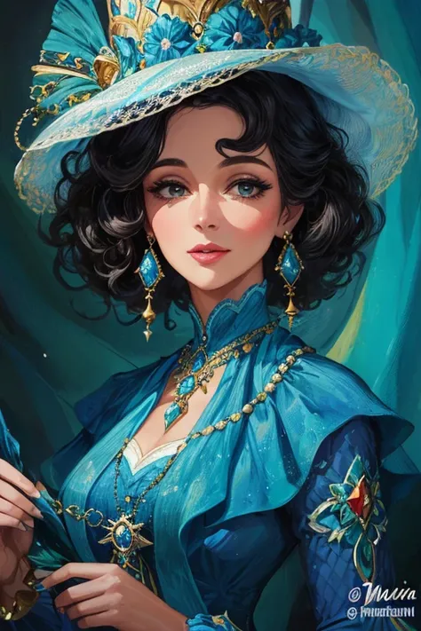 a close-up of a woman wearing a blue dress and a hat, mulher linda, Uma bela mulher vitoriana, pintura digital elegante, fantasia arte vitoriana, retrato bonito da arte da fantasia, menina elegante afro-americana, arte digital de um elegante, linda senhora...