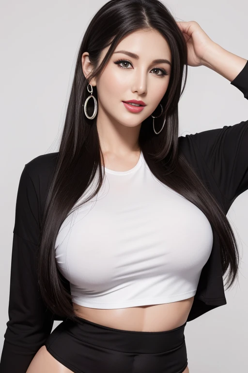 Lucy Pinder, facial portrait, Red Lipstick, Smiling, Black hair, Straight long hair, long Sleeve T-Shirt, tshirts, big white pearl earrings, masutepiece, award - winning photo, Extremely detailed, edgOrgasm, Woman with mouth open, Skin shiny with sweat, Fa...