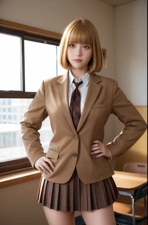 (masterpiece,best quality, detailed), 1girl, solo, classroom, indoors, hands on hips, closed mouth, dutch angle,
midorikawa hana, brown jacket, neck ribbon, collared shirt, school uniform, plaid skirt, loafers, squinting, eyelashes