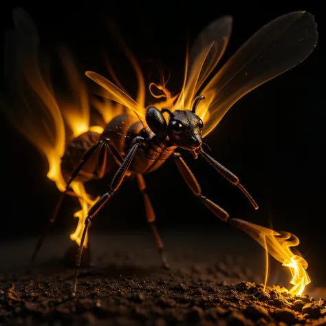 giant ant made of glowing smoke, night, macro photography, macro lens, close up, highly detailed