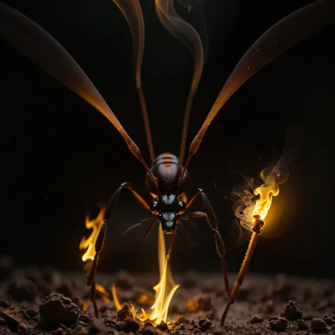 giant ant made of glowing smoke, night, macro photography, macro lens, close up, highly detailed