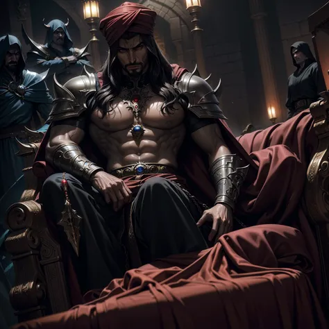 Castlevania Hyper Realistic Shadow Lord Super Detailed Dynamic Plan Master Piece of Lord Dracula Medieval Arab Warrior with Red Turban Scary Face Hokuto No Ken Structure Muscular Face Kenshiro Sitting in His Great Legendary Moroccan Throne Surrounded by De...